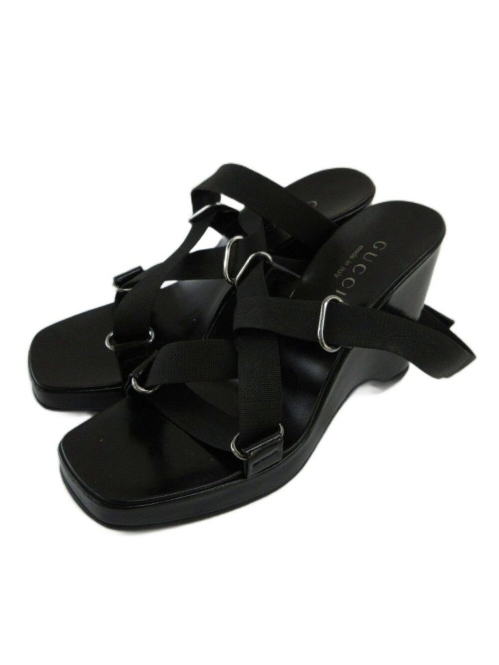 Gucci Sandals Leather Square Toe Wedge Sole Cross Strap Black